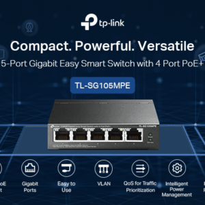 TP-Link TL-SG105MPE 5-Port Gigabit Easy Smart Switch – 4× PoE+ Ports 120W Budget, VLAN, QoS, IGMP Snooping, PoE Auto-Recovery, Fanless Metal Case, Desktop/Wall-Mount