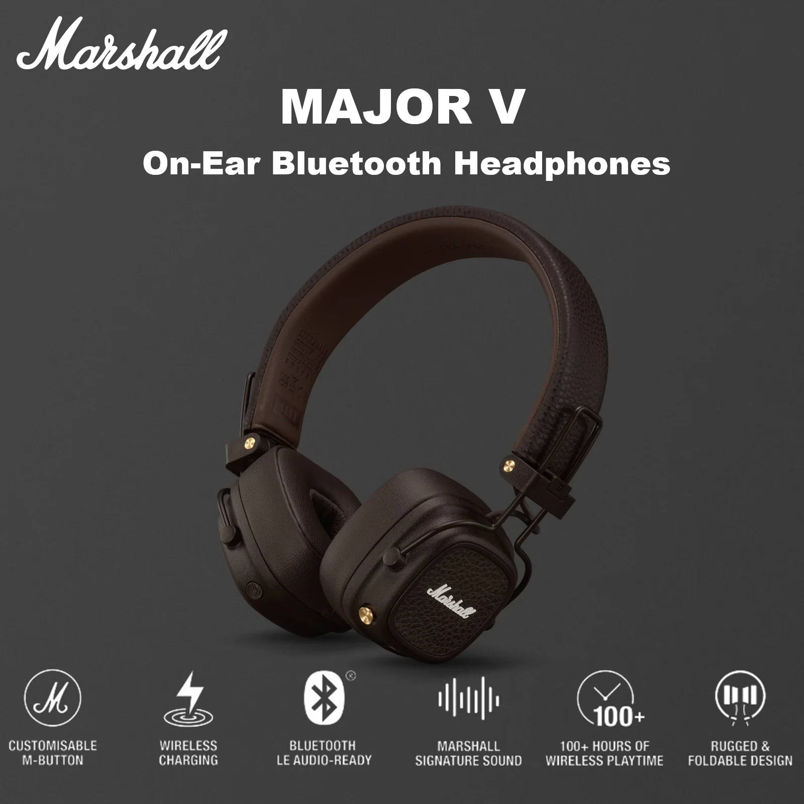 Marshall MAJOR V On-Ear Bluetooth Headphones With 100+ Hours Playtime, Wireless & USB-C Charging, Customisable M-Button, Bluetooth 5.3 LE Audio, 40mm Drivers | BROWN