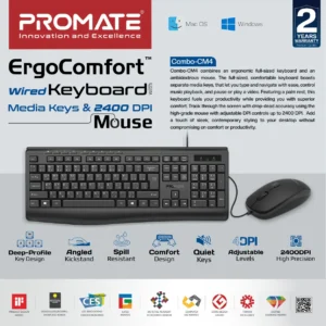 Promate Wired Keyboard and Mouse Combo, Ergonomic Slim Full-Size Quiet Keyboard, 2400 DPI Ambidextrous Mouse, Spill-Resistance, Media Keys, Plug and Play for Windows , iMac, MacBook Pro, Dell, Combo-CM4 – EN/AR