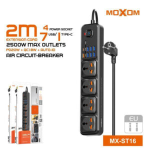 12 IN 1 US Power Strip MOXOM ST16 –  4 SLOTS+7 USB+ TYPE C 20W – 2 METERS CORD – Child Safety Shutters – Air Circuit-breaker – Overload Protection – PD20W QC18W – 2500W Max Outlets | BLACK