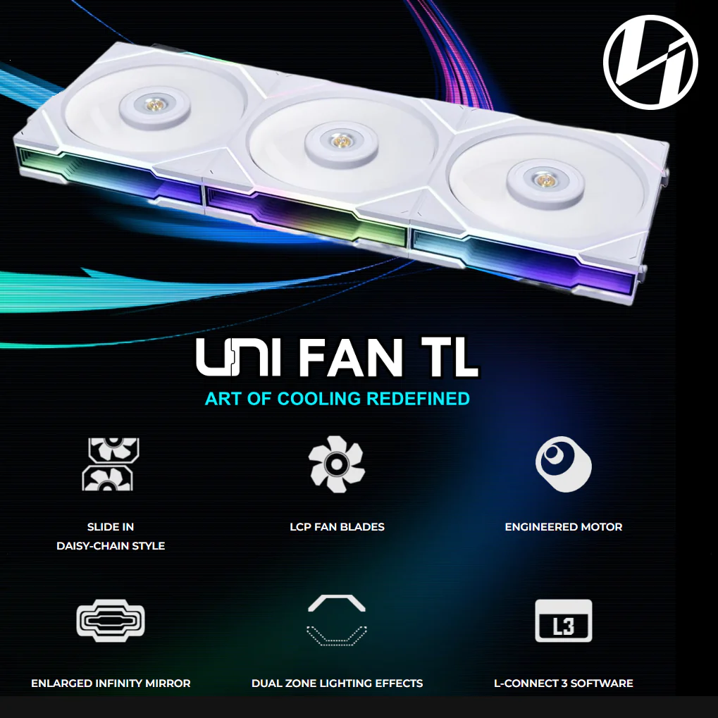 Lian Li UNI FAN TL 120 White Triple Pack With Controller, 90.1 CFM, 2600RPM, 28mm Frame, Dual-Zone RGB, Infinity Mirror, LCP Blades, Daisy-Chain, FDB Bearing, L-Connect 3