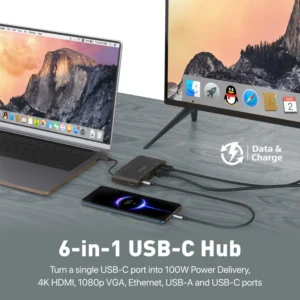 Promate 6-in-1 USB-C Media Hub | 4K HDMI, VGA 1080p, 100W PD, 5Gbps USB-A/C, Gigabit LAN | Universal Laptop Dock for Mac/Windows – Conference & Office Ready