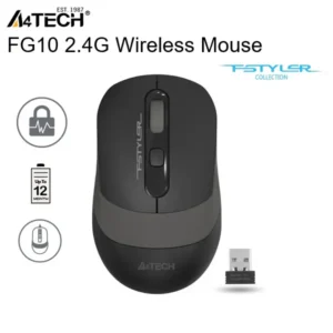 A4TECH FG10 2.4G Wireless Mouse With 2000 DPI, Nano USB Receiver, Power Saving, 10-15M Range, 5M Click Lifecycle, Windows 10/11 Compatible | BLACK GREY