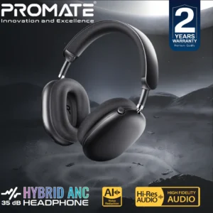 Promate Serene Over-Ear Wireless Headphones With 360° Spatial Audio, Hybrid ANC, Dynamic Head Tracking, Dual 400mAh Batteries, 40H Playback Time, Bluetooth 5.4 | Serene Black