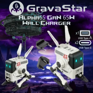 GravaStar Alpha65 GaN 65W Wall Charger Robot – Dawn White – 3 USB Ports , Dual USB-C PD & USB-A, Mecha Protection, Foldable Design, 110V-240V Input, US/EU/UK Plugs, for iPhone, MacBook, iPad, Galaxy S23/S24, Steam Deck |65W, White