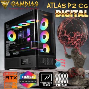 GAMDIAS Atlas P2 CG Mid-Tower ARGB ATX PANORAMIC PC Case – One-Piece Curved Glass, 4 ARGB PWM Fans, 8-Port Fan Hub, Hidden Cable BTF Support, 10-Fan Cooling, 430mm GPU Clearance, Real-Time Monitor | BLACK 