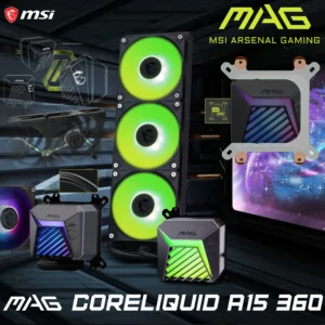 MSI MAG CORELIQUID A15 360 – AIO ARGB CPU Liquid Cooler – 360mm Radiator – LGA 1851 Ready – Triple 120mm ARGB PWM Rifle Bearing Fans – AMD and INTEL SOCKET COMPATIBLE – CycloBlade Low Noise – Pre-installed UNI Bracket (1700/1851/AM4/AM5) |  Black