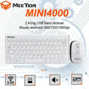 Meetion Wireless Combo MINI4000 – 2.4GHz Plug & Play Set, Ergonomic Ultra-Thin Keyboard + Silent Mouse, 800/1200/1600 DPI, 12 Multimedia Keys, Compact & Energy Efficient – White