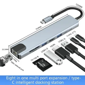 BYL 8-in-1 USB-C Hub Adapter – 4K HDMI, SD/TF Card Reader, 2× USB 3.0, USB-C Data & 100W PD, Gigabit LAN – LED Indicator, Aluminum Design, Plug & Play