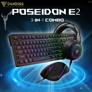 GAMDIAS Poseidon E2 3-In-1 Gaming Combo – Rainbow Backlit Membrane Keyboard, 3600 DPI Multi-Color Mouse, 50mm Driver Headset, Ergonomic Design, Durable Build, USB & 3.5mm Connectivity | BLACK 