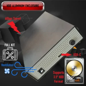 3.5 Inch SATA HDD Enclosure With USB 3.1 Gen 2 Type-C Port, Aluminum Build , 6Gbps Speed, Ventilated Drawer, Screw Mount, USB C to A Cable | Black-Grey