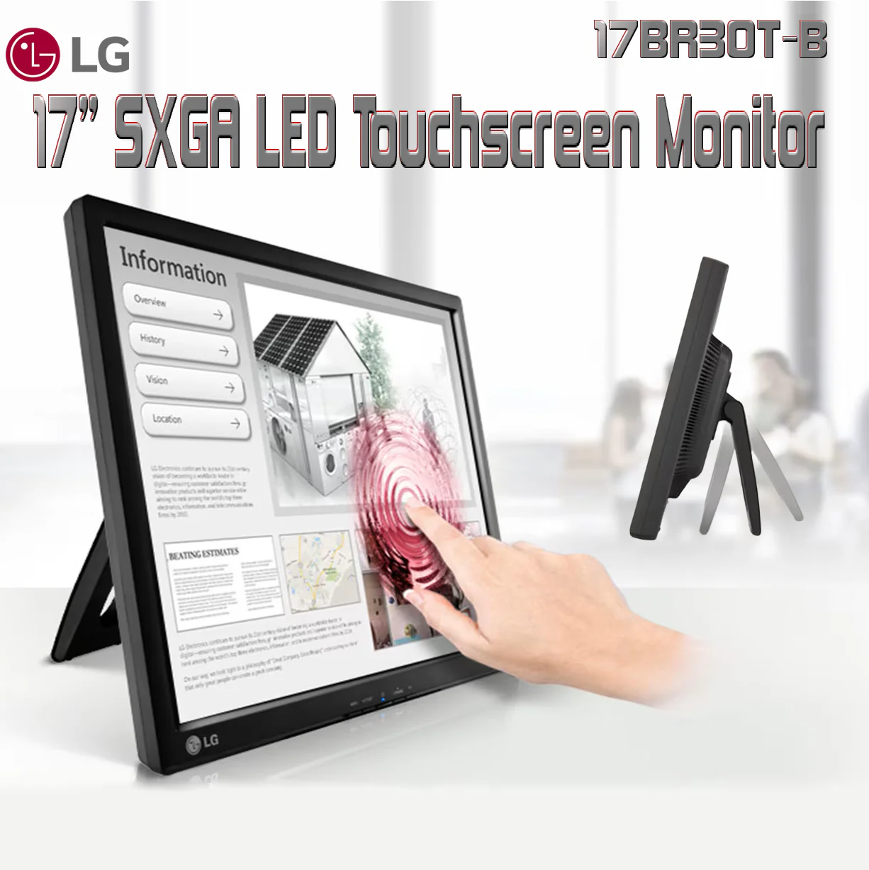 LG 17BR30T-B 17” SXGA LED Touchscreen Monitor – 1280 x 1024 Resolution, 5ms Response Time, Anti-Glare, Built-In USB Hub, Tilt Adjustable Tabletop Display For Office Use | BLACK 17BR30T
