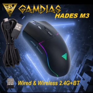GAMDIAS HADES M3 RGB Wireless Gaming Mouse ; low-latency 2.4GHz Wireless, Wired USB Type-C to A, and Bluetooth Connections ; Lightweight 79-gram ; 7 Keys ; Adjustable 10000 DPI Advanced Gaming Optical Sensor | BLACK