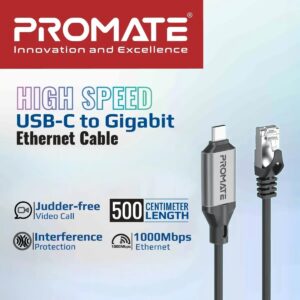 PROMATE High-Speed Gigabit Ethernet Cable to USB-C 1000Mbps; Ultra-Fast 10/100/1000Mbps Ethernet to USB-C™ Adapter Cable ; Universal Compatibility with all USB-C™ Devices ; 5 meters CAT6 UTP ; RJ45 Input to USB-C™ Output | CLINK-RJ45