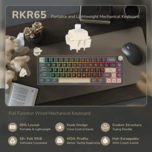 RK ROYAL KLUDGE R65 Wired Mechanical Gaming Keyboard with Volume Knob and QMK & ViA RGB Backlit Programmable Keyboard Gasket Mount with PBT Keycaps, MDA Profile, 66 Keys Hot Swappable Chartreuse Switch