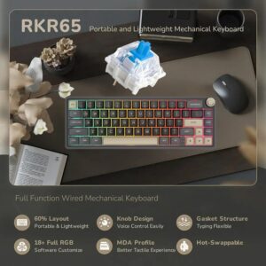 RK ROYAL KLUDGE R65 Wired Mechanical Gaming Keyboard with Volume Knob and QMK & ViA RGB Backlit Programmable Keyboard Gasket Mount with PBT Keycaps, MDA Profile, 66 Keys Hot Swappable Blue Switch