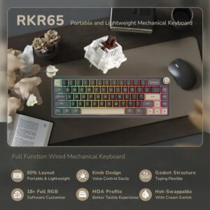 RK ROYAL KLUDGE R65 Wired Mechanical Gaming Keyboard with Volume Knob and QMK & ViA RGB Backlit Programmable Keyboard Gasket Mount with PBT Keycaps, MDA Profile, 66 Keys Hot Swappable Brown Switch