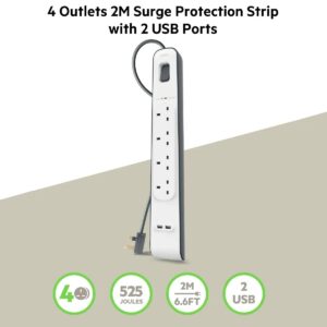 Belkin Surge Protection Power Strip: 4 Outlets, 2.4 amp 2 USB Ports , Heavy-Duty , Damage-Resistant Housing , Surge Protection , 2 meter Cord
