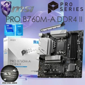 MSI PRO B760M-A DDR4 II mATX Motherboard LGA 1700 Support Intel® Core™ 14th/ 13th/ 12th Gen Processors ; PCIe 4.0 slot, Lightning Gen 4 x4 M.2 , Intel Turbo USB 3.2 Gen 2 ; 2.5G LAN | 1 YEAR WARRANTY