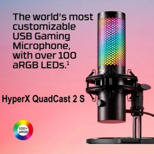 HyperX QuadCast 2 S USB Microphone with 32-bit/192kHz Audio, 100+ Customizable aRGB LEDs, Tap-to-Mute Sensor, Multifunction Knob, Detachable Shock Mount & Four Polar Patterns for Streamers | BLACK