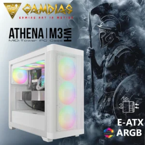 GAMDIAS ATHENA M3 WH – High-Airflow Mid-Tower With 4 ARGB PWM Fans, Dual 360mm Radiator Support, E-ATX Compatibility, White Components, Gen 2 Type-C, And 8-Port ARGB Hub | WHITE 
