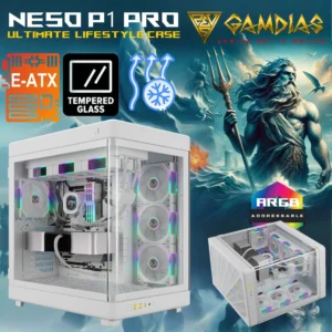 GAMDIAS NESO P1 PRO – Trapezoid Full-Tower Case With Dual Orientation, Panoramic Glass, 3 AEOLUS P2 Fans, 8 PCIe Slots, 10-Fan Capacity, 420mm Radiator Support & USB-C Front Panel | WHITE