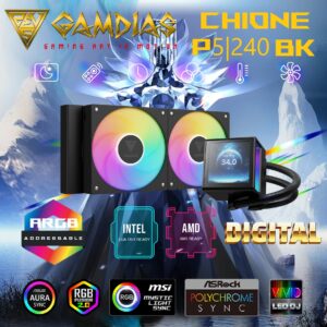 GAMDIAS CHIONE P5-240 AIO ARGB Liquid Cooler  – 3.4” IPS LCD, 240mm Radiator, ARGB PWM Fans, Rotatable Display, Upgraded Cooling System, Universal Compatibility, Hidden Cable Routing, Motherboard Sync | BLACK