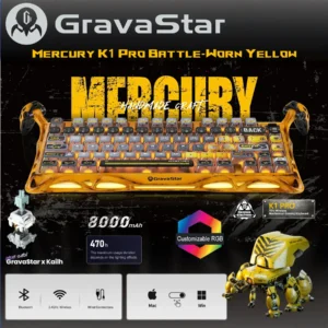 GravaStar Mercury K1 Pro 75% Wireless Mechanical Gaming Keyboard, Gasket-Mounted, Hot-Swap x Kailh Speedy Mint Linear Switches, Dual RGB, 8000mAh Battery, Custom Control Knob | Battle-Worn Yellow