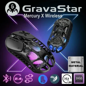 GravaStar Mercury X Wireless Gaming Mouse 49g , Magnesium Alloy, PAW 3950 Sensor 32,000 DPI , 1000Hz Polling Rate, Tri-Mode Connectivity, 5 Programmable Buttons, RGB Lighting , Web-Based Software | Galaxy Black
