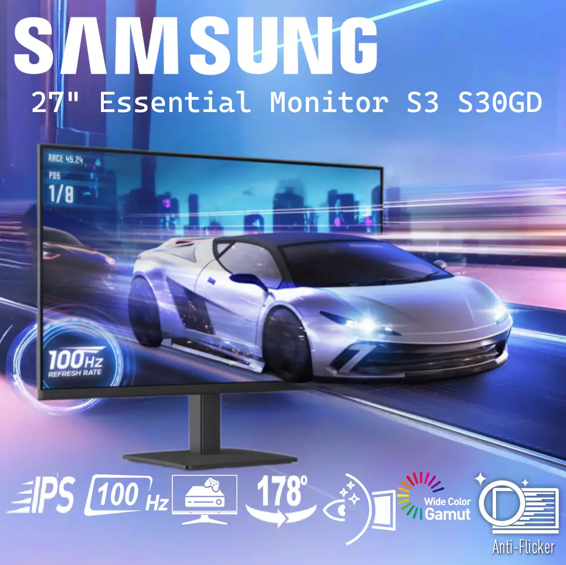 SAMSUNG S3 S30GD 27″ Essential Monitor 100Hz Full HD IPS 5ms (GTG) , Game Mode, Eye Saver Mode, Super Slim Design, Viewing Angle , Multiple Connectivity 1x HDMI 1.4, 1x D-Sub | BLACK