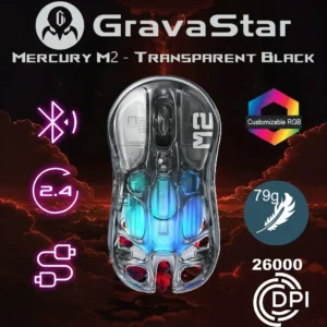 GRAVASTAR Mercury M2 – High-Precision Wireless Gaming Mouse With 26,000 DPI, Tri-Mode Connectivity , PAW3395 Sensor, 1K Polling Rate, 79g Ultra-Light Design, 82H Battery, RGB, & 5 Programmable Buttons | Transparent Black 