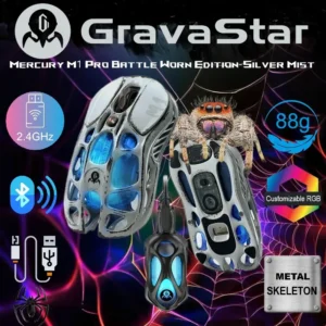 GravaStar Mercury M1 Pro Wireless Gaming Mouse with PAW3395DM Sensor, Magnesium Alloy Skeleton Handcrafted Vintage Finish , 26000 DPI, 5 Programmable Buttons, 4K Dongle , RGB Lighting | Worn Edition-Silver Mist