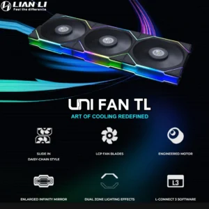 Lian Li UNI Fan TL 120 Infinity Mirror LCP Case Fans ; UNI FAN  Interlocking System ; Daisy -Chain Style ;  LCP Fan Blades ; Fluid Dynamic Bearing ; Triple Pack with Controller | BLACK 12TL3B 