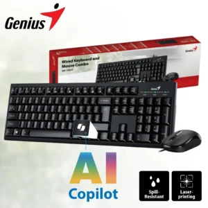 GENUIS AI Copilot Key Multimedia Wired Keyboard & High-Resolution Optical USB Mouse Combo with 12 Function Keys, Spill-Resistant Design, 1200 DPI Sensor, Plug & Play for Windows & Mac , ENGLISH/ARABIC| BLACK KM-100SE