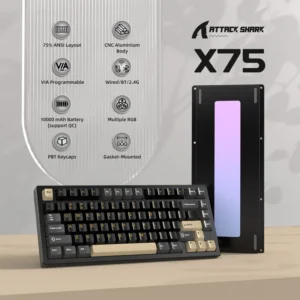 Attack Shark X75 – CNC 6063 Aluminum 75% Mechanical Keyboard with Kailh MX Crystal Switches, VIA Programmable, Tri-Mode RGB, Hot-Swappable & 10000mAh Battery, Star Black