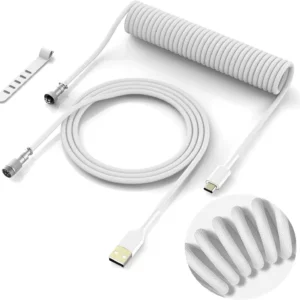 Coiled Keyboard Cable Type-A to Type-C White | Detachable Aviator Connector, Braided Nylon, High-Speed USB-C, Durable, Tangle-Free, Ideal for Mechanical Keyboards