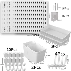 Hyde Pegboard Wall Organizer Set – 4 White Panels 30x30cm | Includes 56 Accessories: Hooks, Bins, Trays & Controller Holders | Modular Storage for Office, Gaming, or Home