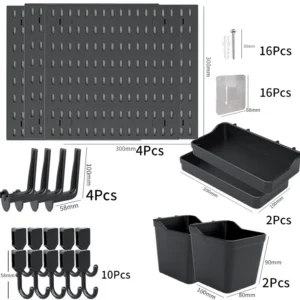Hyde Pegboard Wall Organizer Set – 4 Black Panels 30x30cm | Includes 56 Accessories: Hooks, Bins, Trays & Controller Holders | Modular Storage for Office, Gaming, or Home