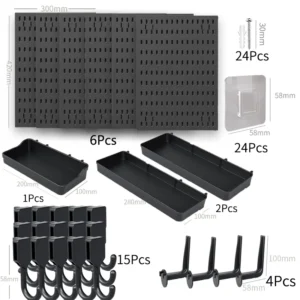 Black Pegboard Wall Organizer Set of 6 Panels (40×32 cm) | Includes Hooks, Bins, Shelves & Tool Holders | Durable, Customizable Storage for Garage, Workshop, Office, or Kitchen