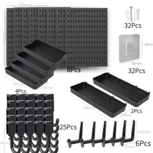 8-Piece Premium Black Pegboard Wall-Mount Storage Set | Includes Mounting Hardware | Customizable Hooks, Bins & Shelves | Modern, Durable Organizer for Home, Office, Studio, or Garage