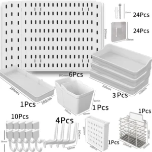 6-Piece White Pegboard Wall Organizer Set (30×30 cm) | Includes Hooks, Brackets & Shelves | Durable, Customizable Storage for Garage, Office, Kitchen, or Craft Room