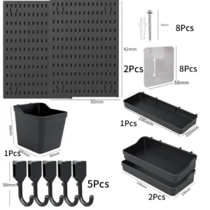 Pegboard Wall Organizer Set of 2 Black Long | No-Drill Adhesive Panels with Hooks & Bins | Durable Plastic Storage for Kitchen, Office, Dorm, or Home
