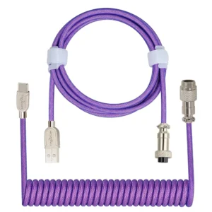 Coiled USB-C to USB-A Keyboard Cable – Purple, Double-Sleeved Braided, Detachable Aviator Connector, Flexible & Durable, Perfect for Mechanical Keyboards
