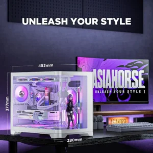 AsiaHorse Pegasus Mid Tower M-ATX Case White – Full Tempered Glass, Curved Panel, Type-C I/O, 360mm Water Cooling Support, 400mm GPU Clearance