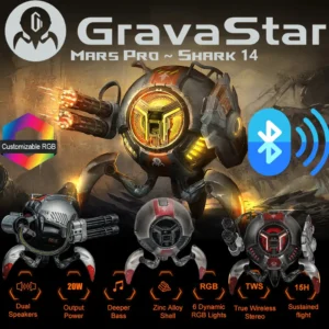 GravaStar Mars Pro Portable Bluetooth Loudspeaker With 20W Dual Speaker System, Passive Bass Radiator, 15H Playtime, RGB Lights, Dual Pairing, USB-C Charging, Volume Touch Controls | Limited Edition Shark 14 Metallic Gray