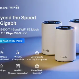 TPLINK DECO XE75 PRO AXE5400 V3 Tri-Band Mesh Wi-Fi 6E System (3-Pack), 2.5G Port, 6GHz, AI Mesh, Up to 7200 ft² Coverage, Connect 200 Devices, HomeShield Security