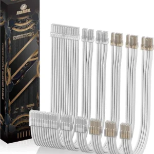 Asiahorse 16AWG Transparent Sleeved PSU Extension Cable Kit – 6-Pack, 300mm, PET Braided, Gold-Plated Terminals, Soft Material, Dual CPU Support, White