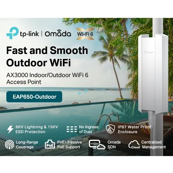 TP-Link EAP650 Outdoor AX3000 WiFi 6 Access Point | Dual-Band 3 Gbps | IP68 Waterproof | Omada Mesh | PoE+ Power | WPA3 Security | Seamless Roaming | Long-Range Coverage
