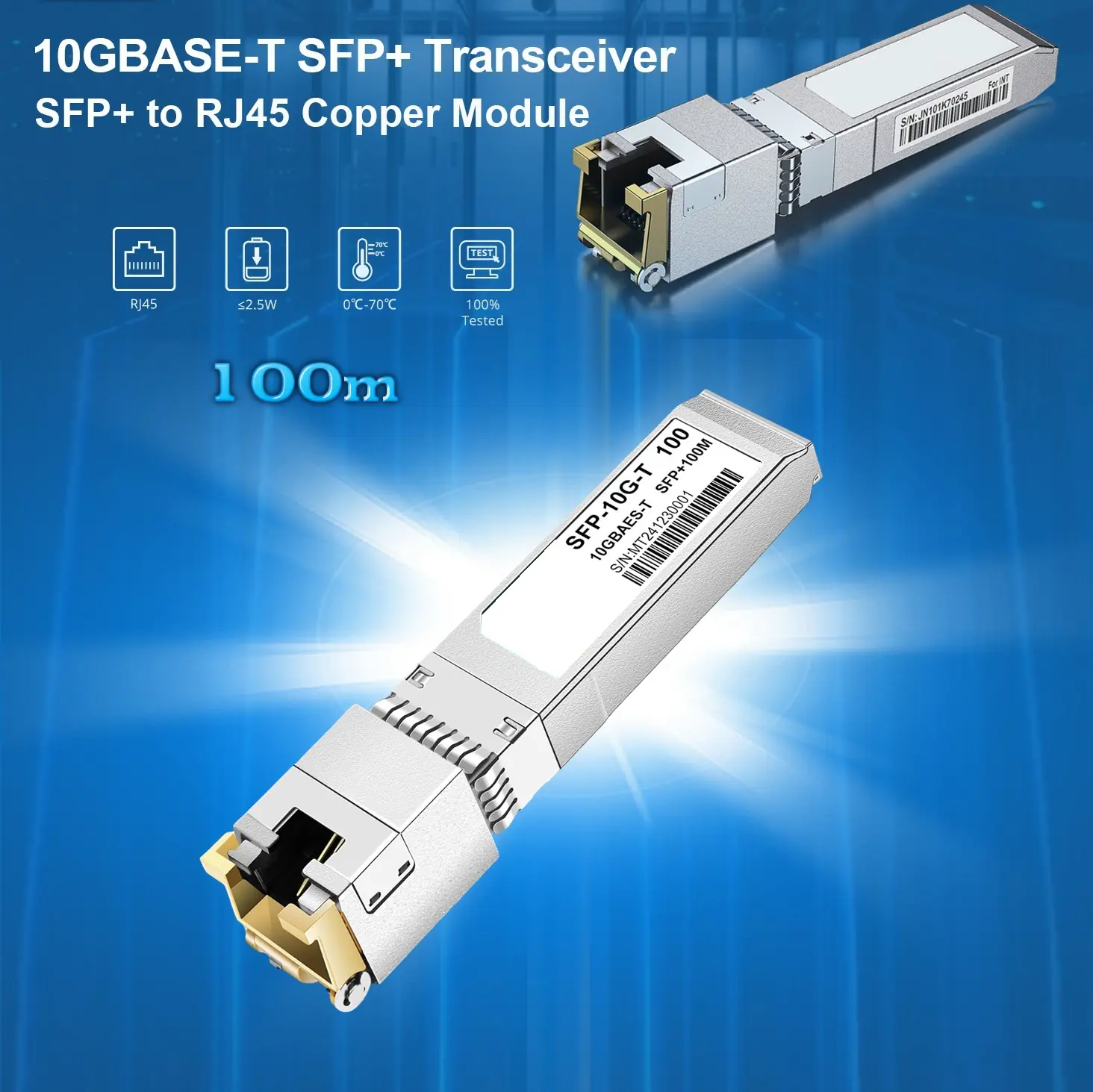 Fiber Optic Multimode Module Transceiver 10GBASE-T SFP+ Compatible Copper Transceiver With Broadcom Chip, ≤1.8W Power, 100m RJ-45 Support, Hot Pluggable, IEEE-Compliant | AXON-SFP-10G-T-100M