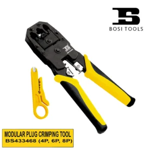 BOSI TOOLS BS433468 Modular Crimping Tool | 4P/6P/8P RJ45 RJ11 Network Cable Cutter, Stripper, Crimper | Alloy Steel Build + 10 Modular Plugs Included